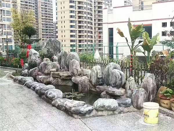 西安假山石鱼池水幕墙